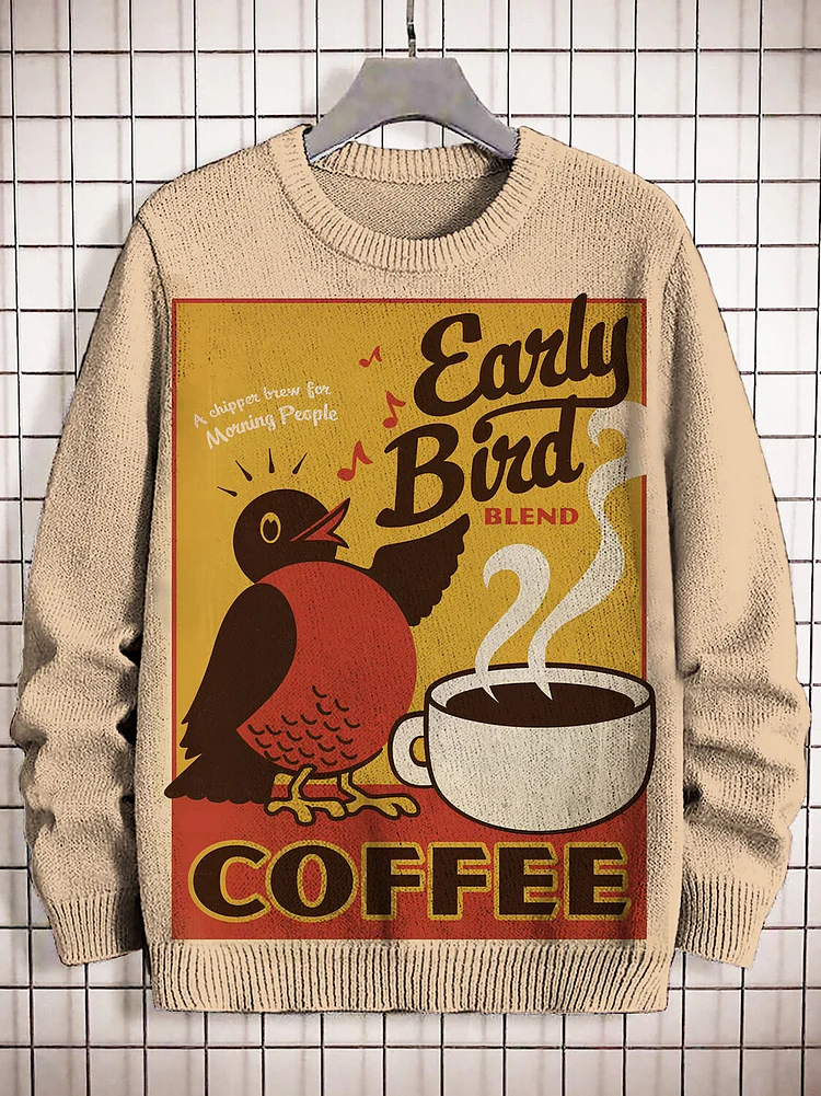 Men's Early Bird Blend Coffee Illustration Print Knit Sweatshirt
