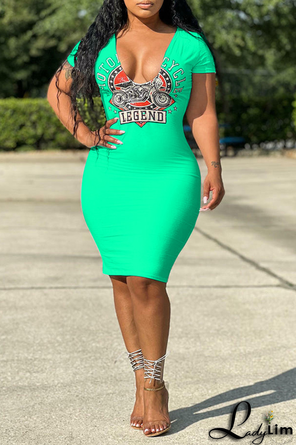 Tangerine Red Fashion Print Patchwork V Neck Pencil Skirt Dresses
