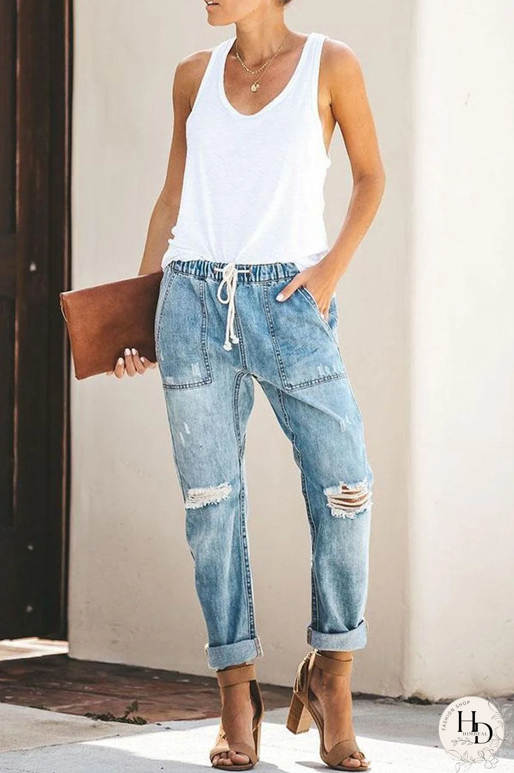 Drawstring Casual Blue Mom Jeans P11310