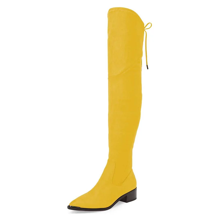 Women's Yellow Vegan Suede Chunky Heel Boots Pointy Toe Thigh-high Boots |FSJ Shoes
