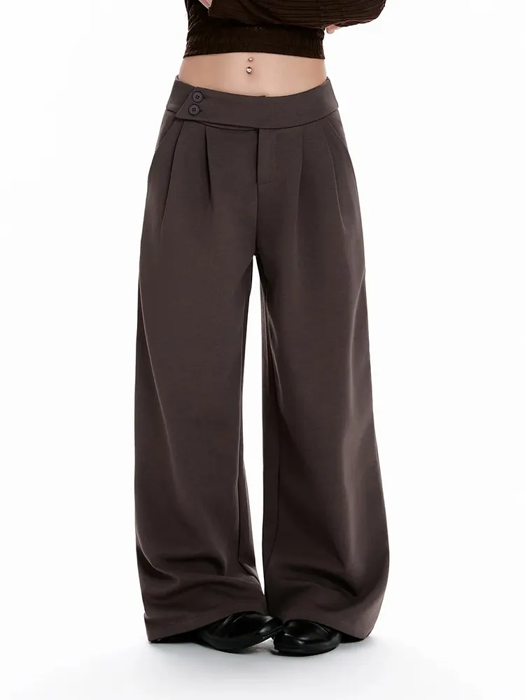 Brown retro-style wide-leg pants with a turn-up waist design