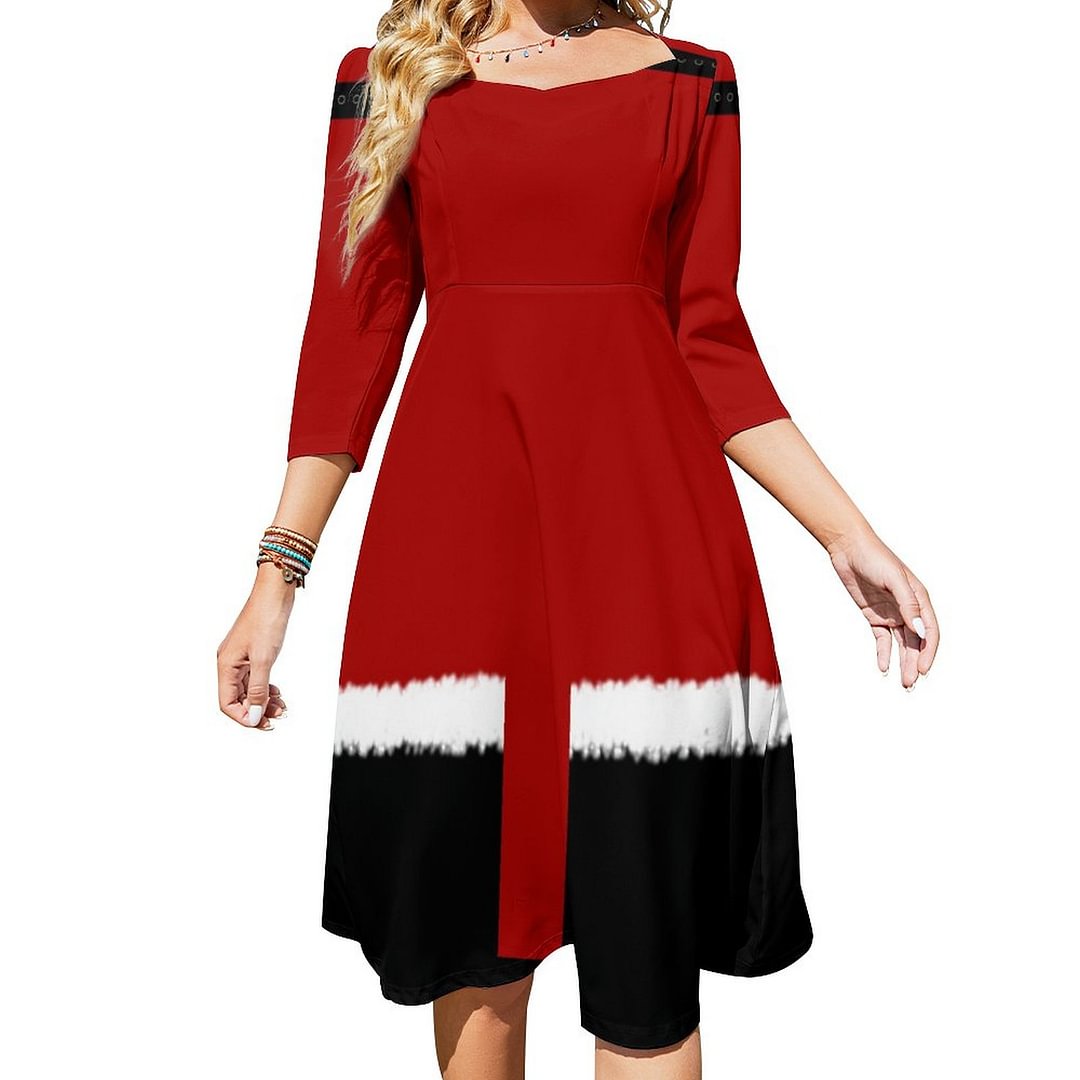 Sexy Santa Helper Girl Cute Christmas Theme V4 Dress Sweetheart Tie Back Flared 3/4 Sleeve Midi Dresses