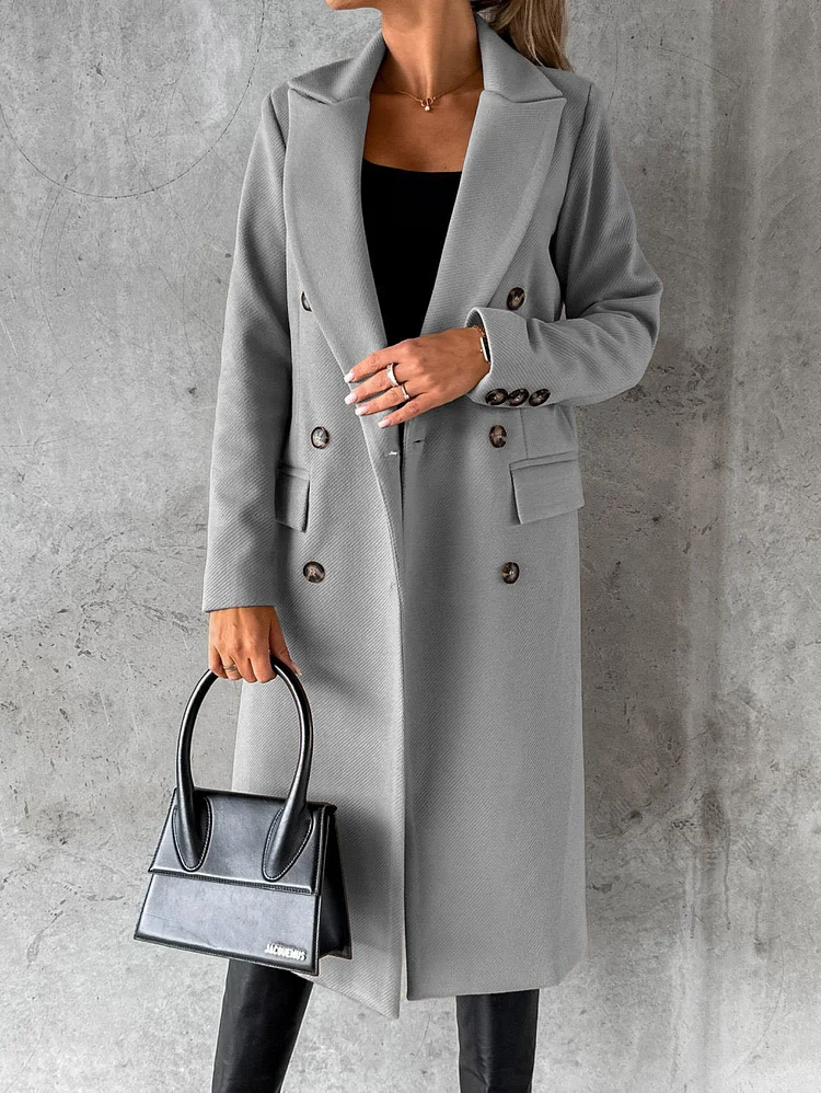 Solid Color Wool Long Sleeve Double Breasted Pocket Coat VangoghDress