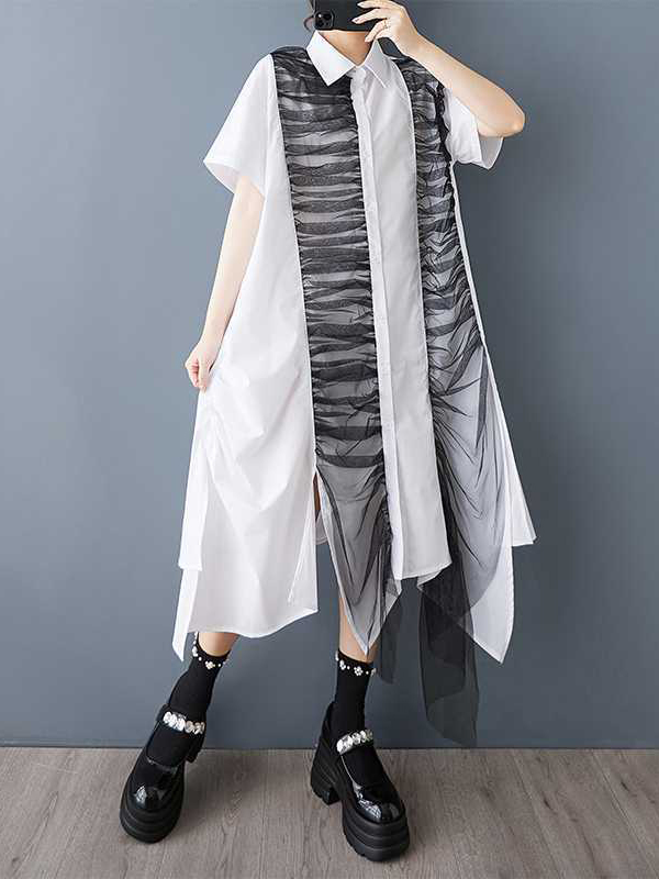 Mesh Patchwork Irregular Hem Shirt Midi Dress