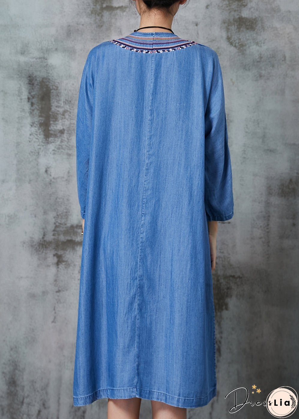 Vintage Denim Blue Embroidered Side Open Dresses Summer