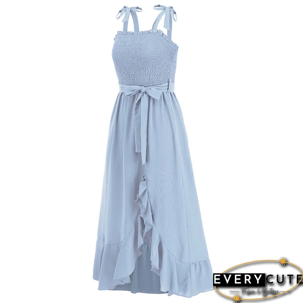 Light Blue Bow Knot Straps Irregular Slit Maxi Dress