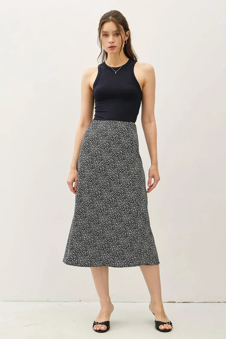PRINT MIDI SKIRT WITH ELASTIC WAISTBAND: Black