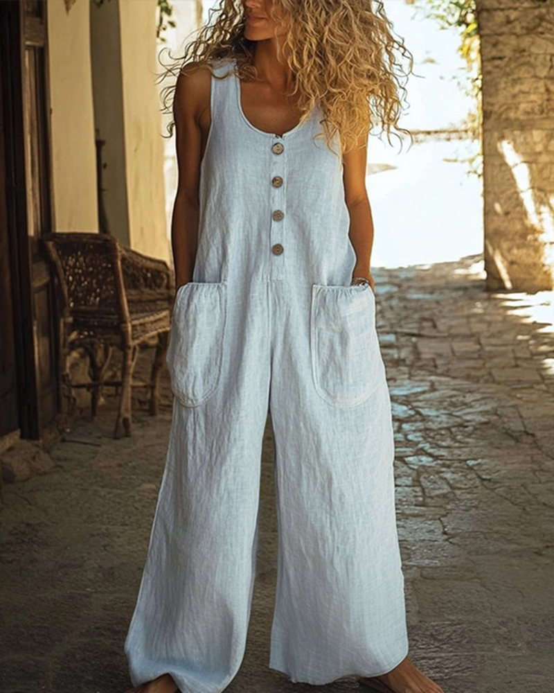 Sleeveless Row Of Buttons Large Pockets Wide Leg Jumpsuit