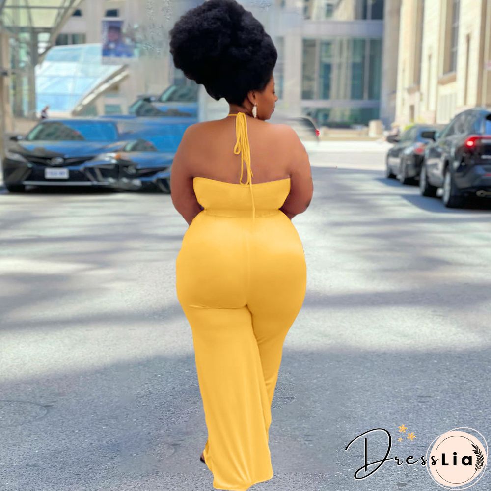 Casual Solid Color Sleeveless Ruffle Halter Lace Up Party Club Summer Plus Size Loose Wide Leg Jumpsuits