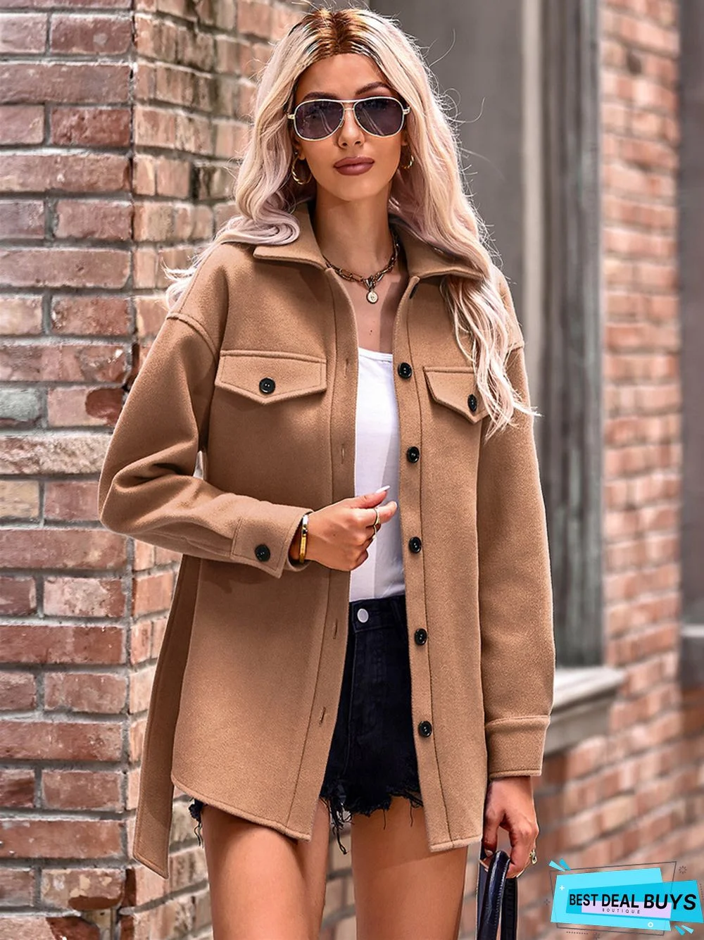 Solid Color Stylish Lace-Up Coat For Women