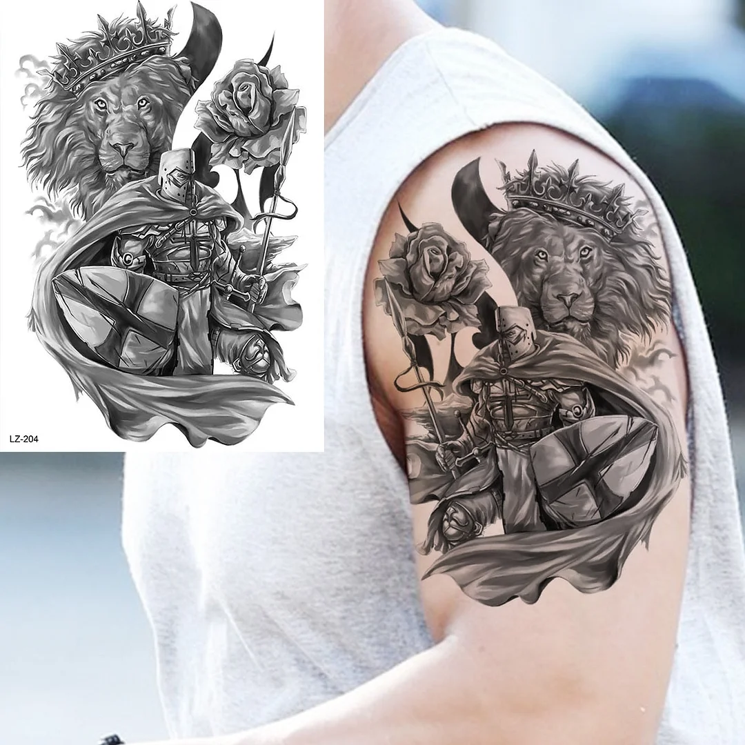 Black Spartan Warrior Temporary Tattoos For Men Adults Realistic Lion Tiger Maori Knight Fake Tattoo Sticker Chest Tatoos 3D