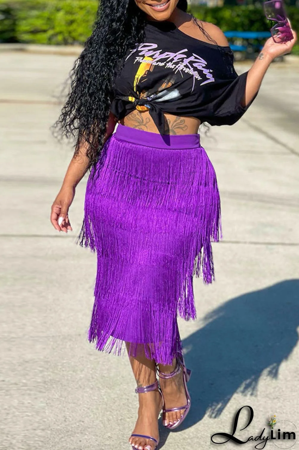 Purple Casual Print Tassel Split Joint O Neck Short Sleeve Two Pieces