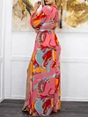 Deep V-Neck Puff Sleeves Floral Print Split-Side Belted Maxi Dress