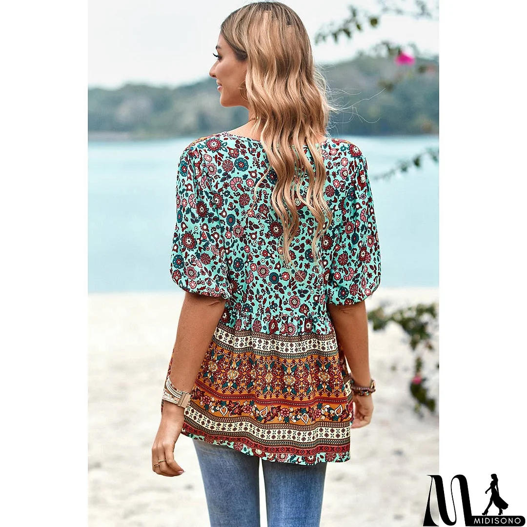MidiSono - Floral Print Button Deep V Color Block Loose Fit Top