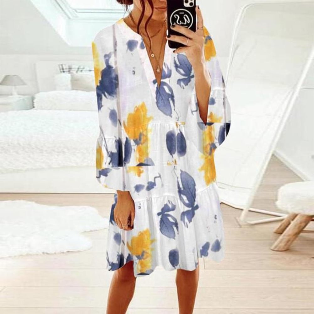 Yellow Blue Summer Print White Tiered Midi Dress