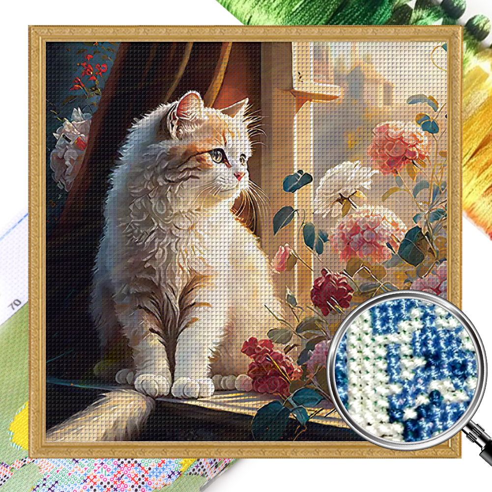 Window Sill Cat Model A Full 11CT Pre-stamped Canvas(50*50cm) Silk Cross Stitch