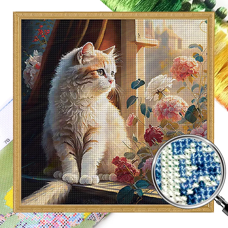 Windowsill Cat - Printed Silk Cross Stitch 11CT 50*50CM