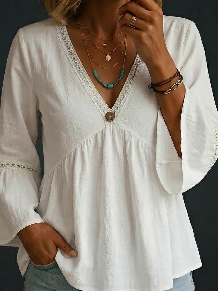 Women's V-neck Ruffled Sleeves And Cutout Strip Details Cotton Top