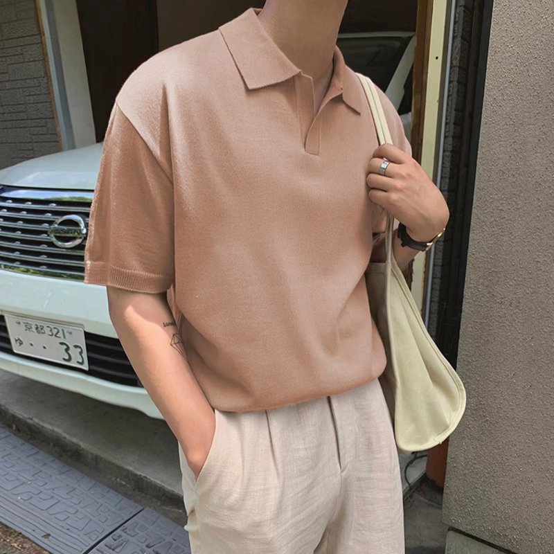 Yelocycle Men Fashion Polo Shirts V Neck Polo T Shirt Slim Casual Soild Top Short Sleeve Ice Silk T-Shirts Korean Social Shirts Streetwear