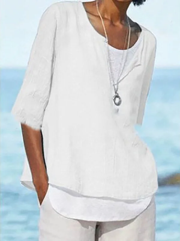 Plus Size Women's V-neck Solid Color Cotton And Linen Women's Shirt