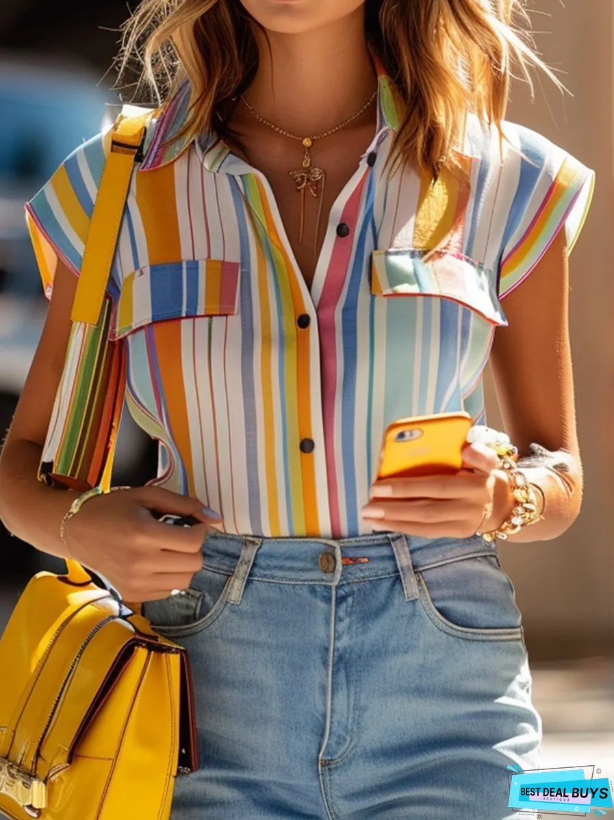 Stripe Printed Everyday Casual Short Sleeve V Neck Top