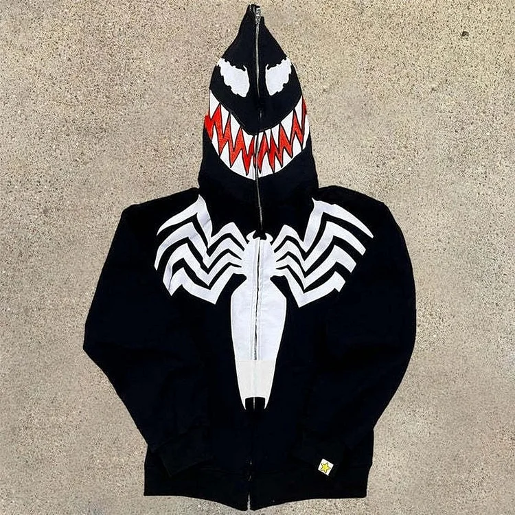 Retro Street Devil Print Full Zip Up Hoodie Goth Sweatshirt Hoodie at Hiphopee