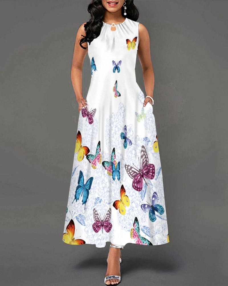 Women's Dress Sleeveless Butterfly Print Round Neck Elegant shopify LILYELF