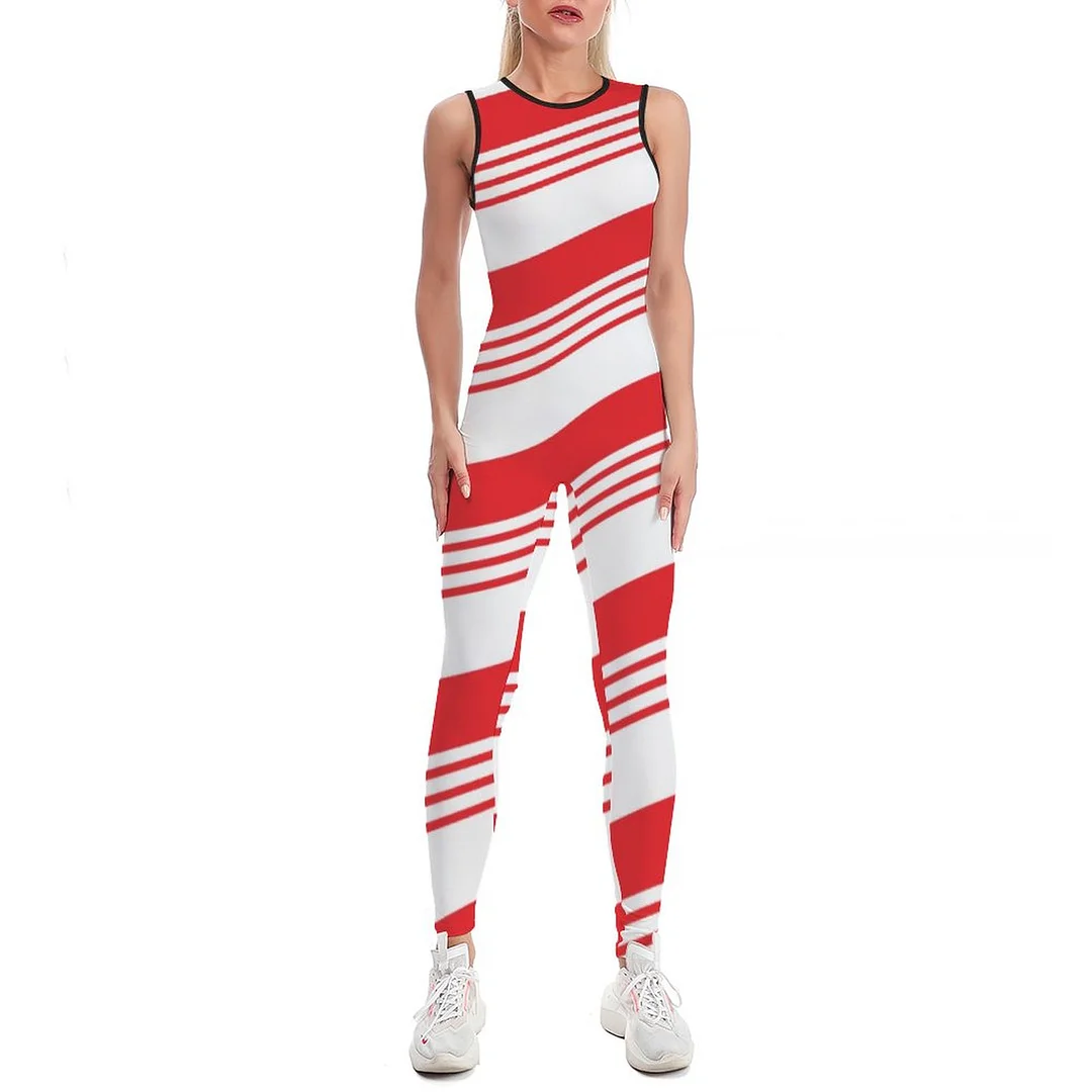 Red And White Holiday Peppermint Candy Cane Women Workout Jumpsuits Sleeveless Sport Yoga Leggings Gym Bodysuits Romper