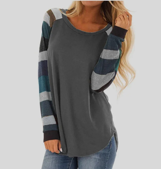Round collar contrast stitching long-sleeved T-shirt