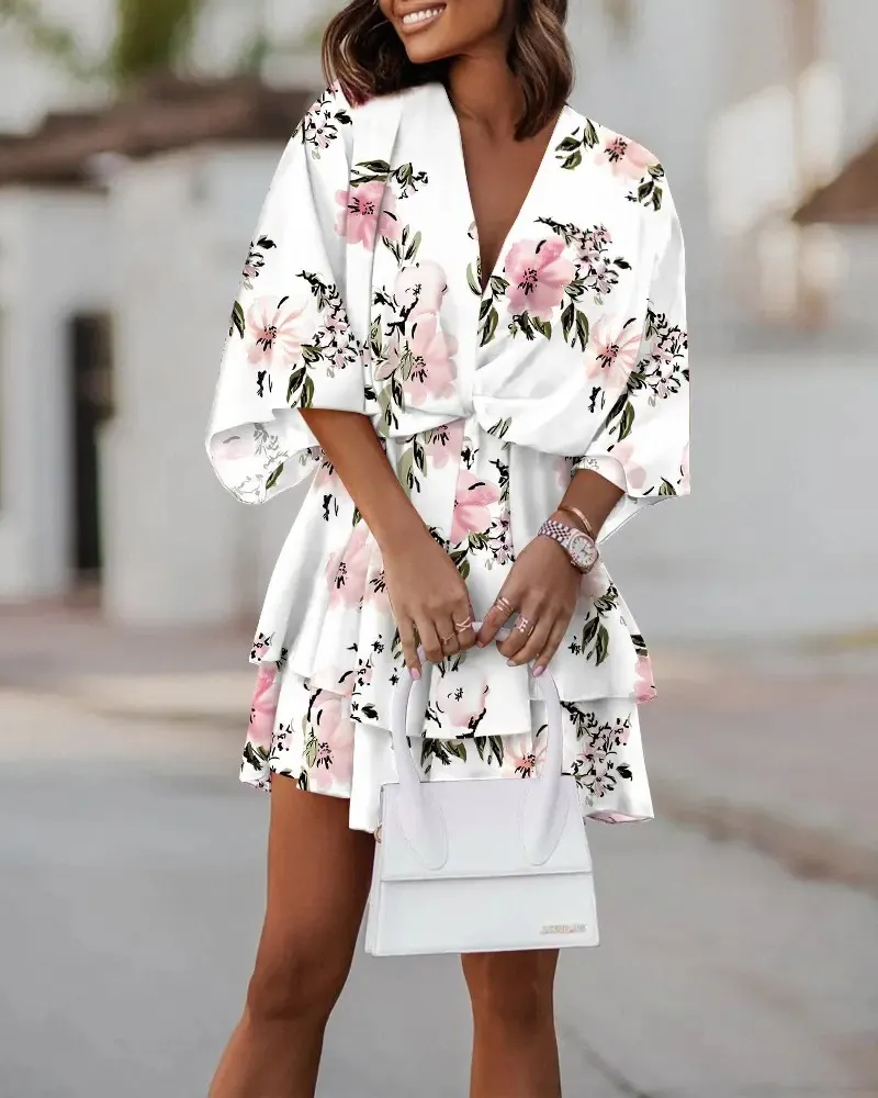 Women's Floral Print Kimono Sleeve Mini Dress