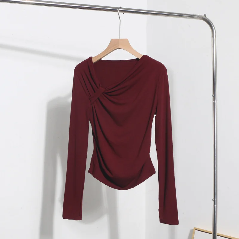 Brownm Side Bow Tie Design Folded Long-Sleeved T-Shirt Slim Thin Autumn Dress T-Shirt Short Top 1662