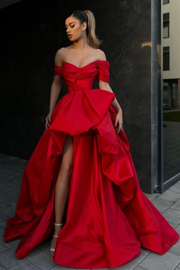 Daisda Red Elegant Off-the-shoulder A-line Sleeveless Evening Dress with Split