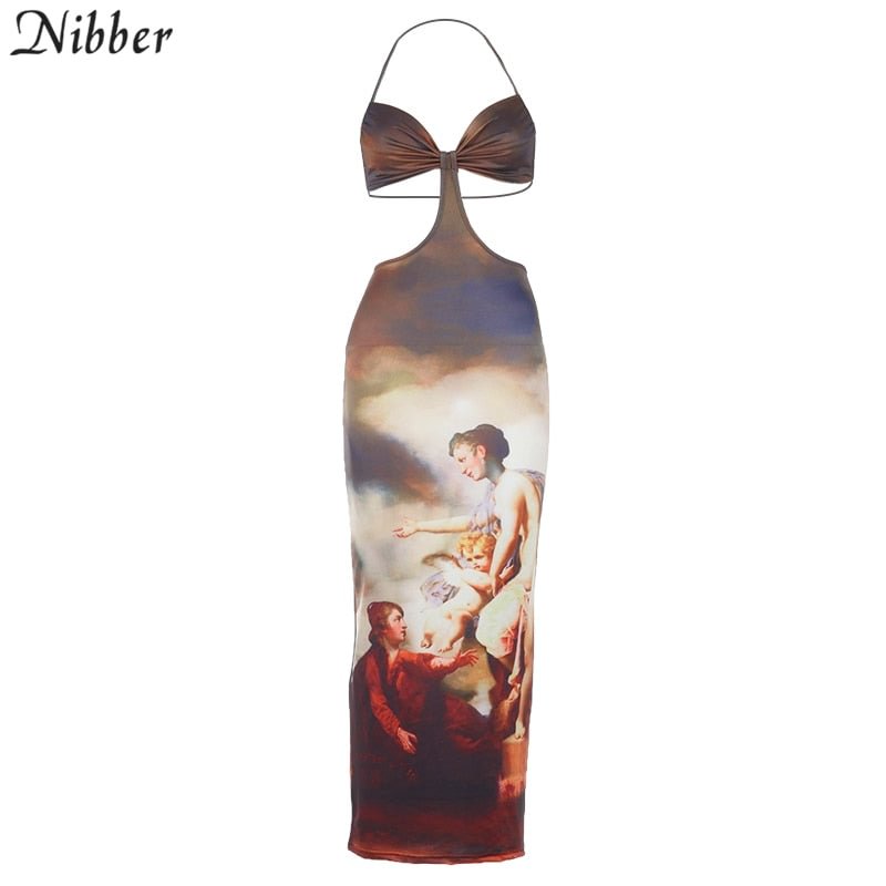 Nibber Vintage Print Lacing Maxi Dress Women Sexy Bra Halter Backless Bodycon Vestido Hot Female Body-shapin Streetwear Autumn