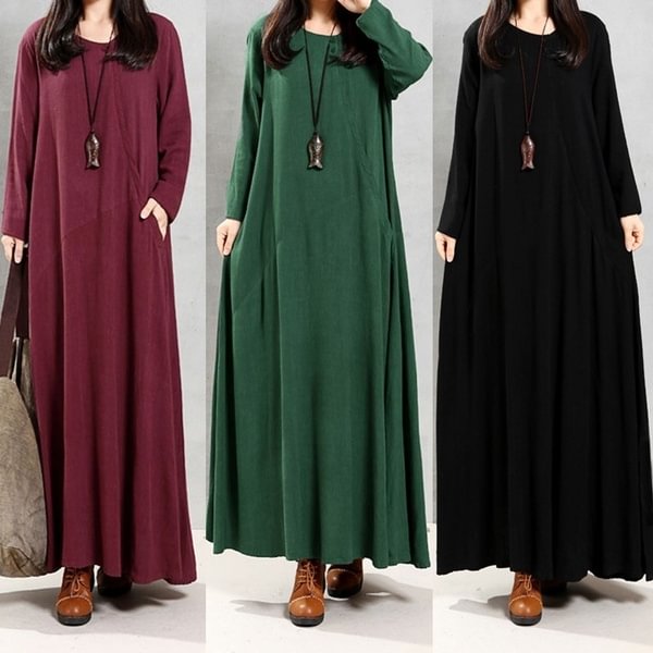 Women Cotton Long Sleeve Vintage Kaftan Casual Loose Long Maxi Dress - BlackFridayBuys