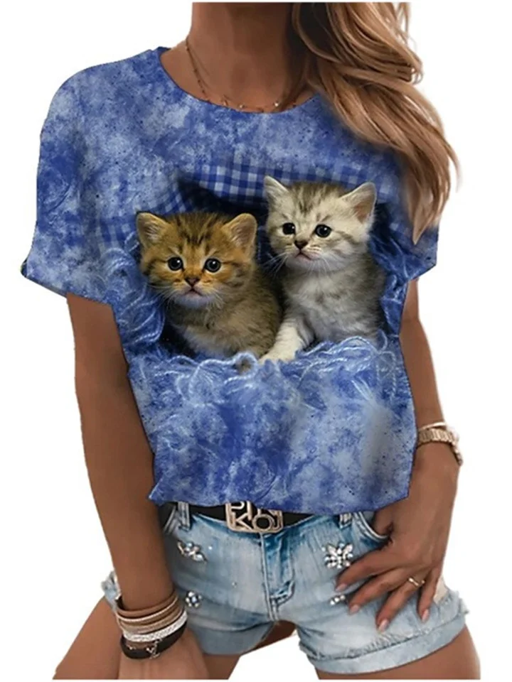 Retro Cartoon Cat Puppy Cute 3D Print Round Neck Short Sleeve T-shirt Women's S M L XL 2XL 3XL 4XL 5XL