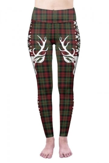 Plaid Reindeer Christmas Leggings Dark Green-elleschic
