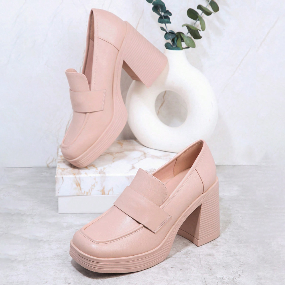 Beige Vegan Leather Square Toe 3'' Chunky Heel Platform Loafers Nicepairs