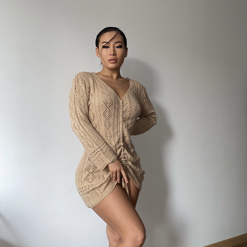 Ootddress Hollow Out V-Neck Knitted Dress Long Sleeve Drawstring Ruched Flod Knit Sexy Bodycon Dresses Women Summer 2025 Vestidos 14 Ootddress Hollow Out V-Neck Knitted Dress Long Sleeve Drawstring Ruched Flod Knit Sexy Bodycon Dresses Women Summer 2025 Vestidos