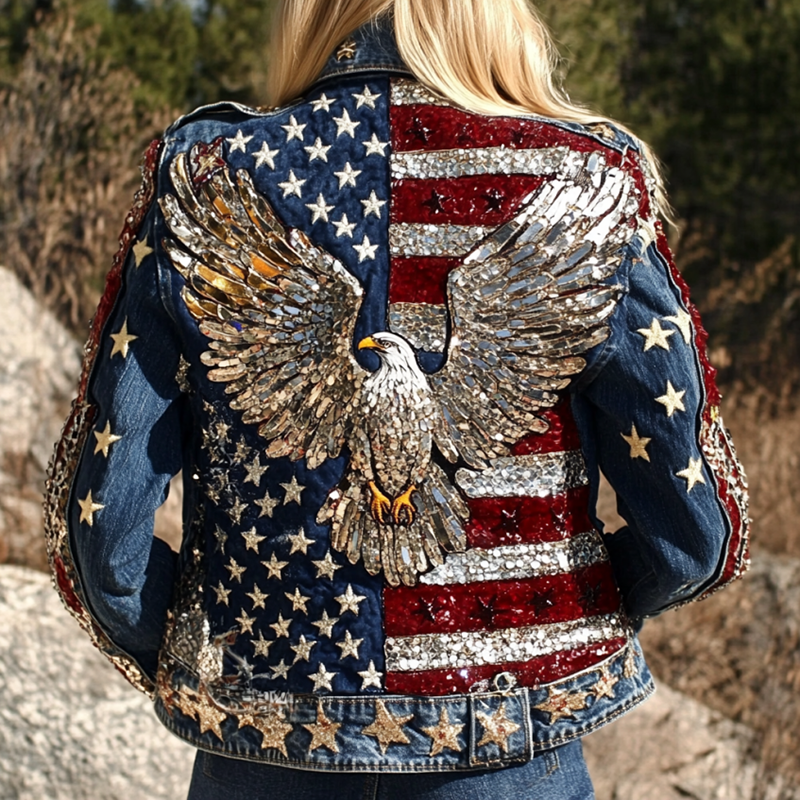 Comstylish Vintage Independence Day American Flag With Eagle Art Denim Jacket