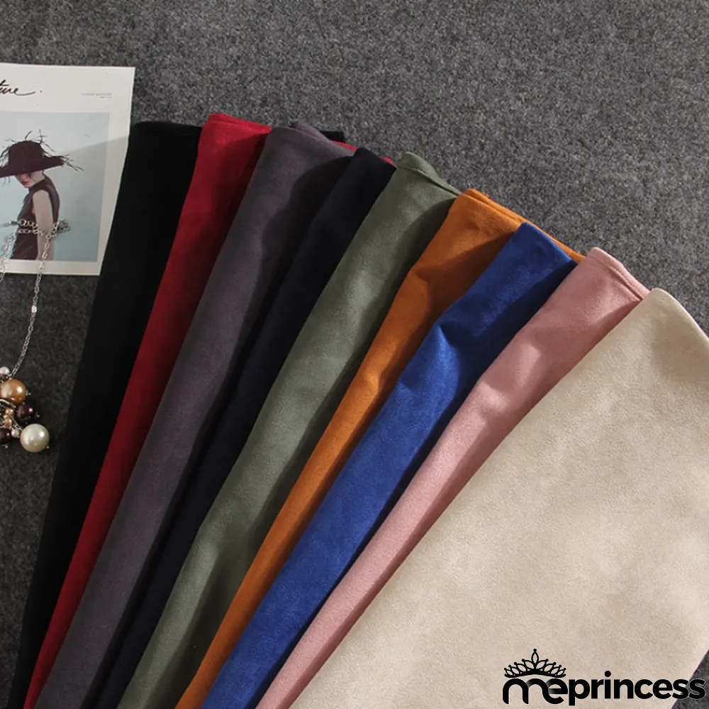 Winter Blue Velour Back Slit High Waist Pencil Skirt