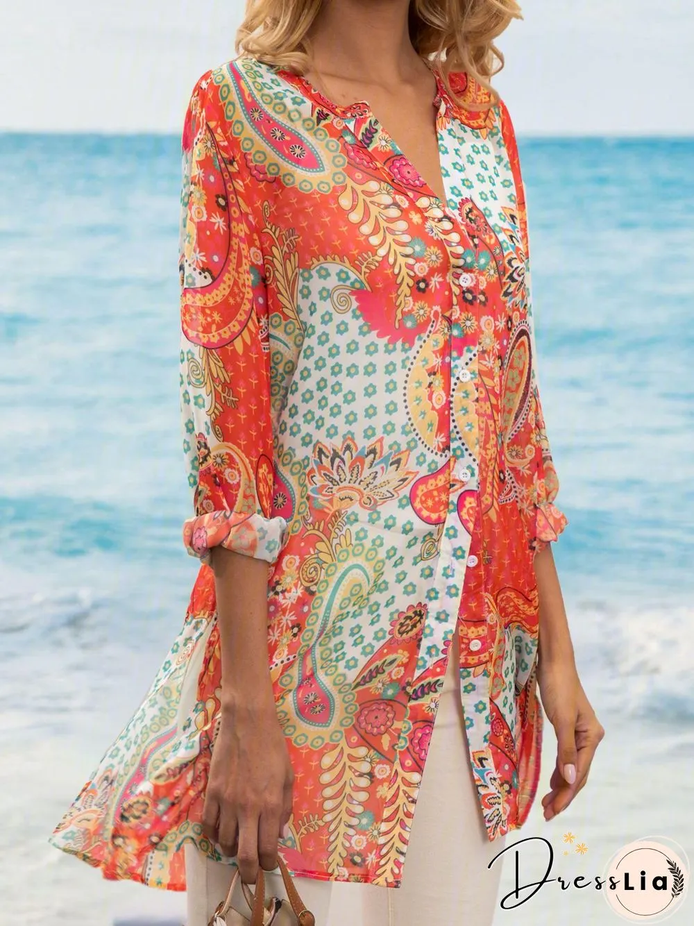 Geometric V Neck Long Sleeve Blouse & Shirts