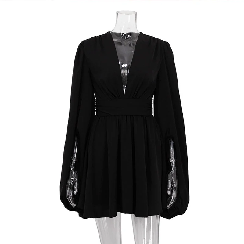 Colourp spring women's French puff sleeve high waist dress V-neck sexy waist black Y2K skirt punk birthday party wear