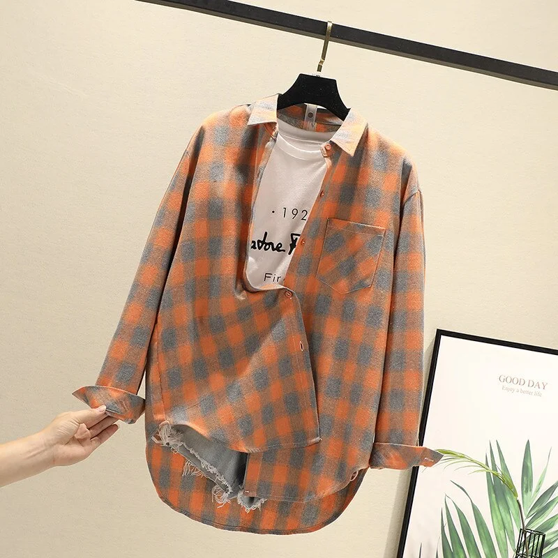 Women Blouses Shirts Tunic Womens Tops 2020 Long Sleeve Clothing Button Up Down Plaid New Fashion Autumn Turn-down Collar Good