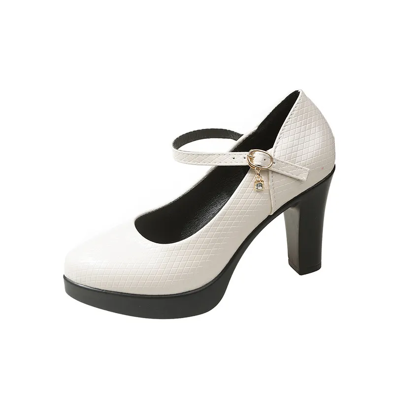 Breakj Breakj Mary Shoes Fashion Spring And Autumn Mid-Fashion Fashion Thick Heel Tip Buckle Waterproof Table Printing Surface Polyurethane