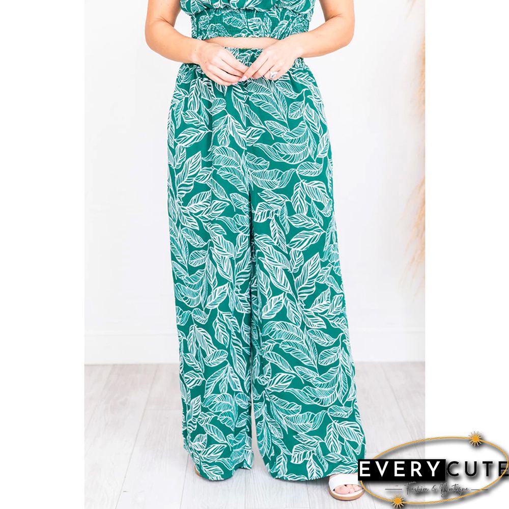 Green Leaf Print Crop Top with Wide Leg Pant Set