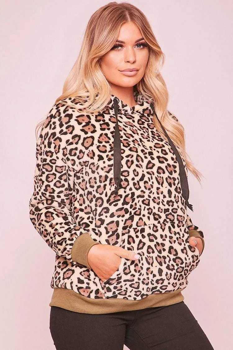 Khaki Leopard Print Faux Fur Hoodie Katch Me