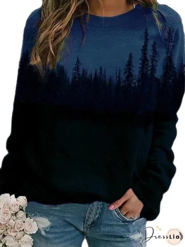 Hoodie Sweatshirt Pullover Casual Blue Green Gray Color Block Loose Fit Daily Round Neck Long Sleeve for Women