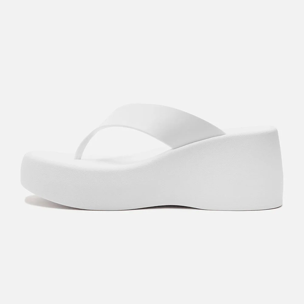 YDN White Open Round Toe Flip Flop Casual Platform Heel Sandals