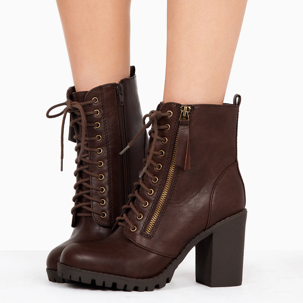 Classic Brown Round Toe Lug Sole Lace Up Ankle Boots with Chunky Heel Nicepairs