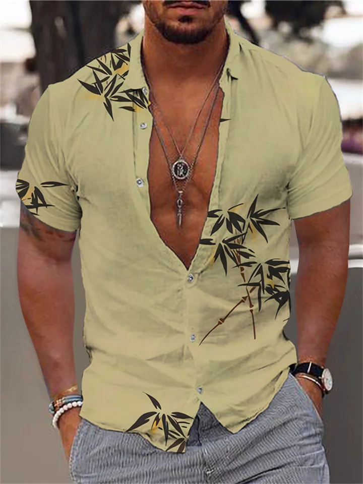 Men's Shirt Leaf Luminous Short Sleeve Outdoor Street Tie Button Printed Tops Fashion Designer Casual Breathable Shirt Khaki,Green,Gray,Brown